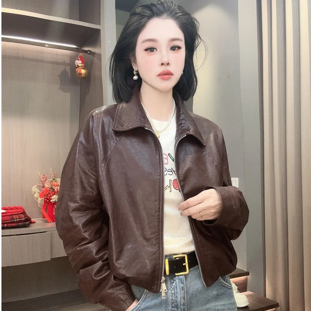 【YUANJIE】简约经典小翻领皮衣2025春新品复古油蜡皮夹克外套