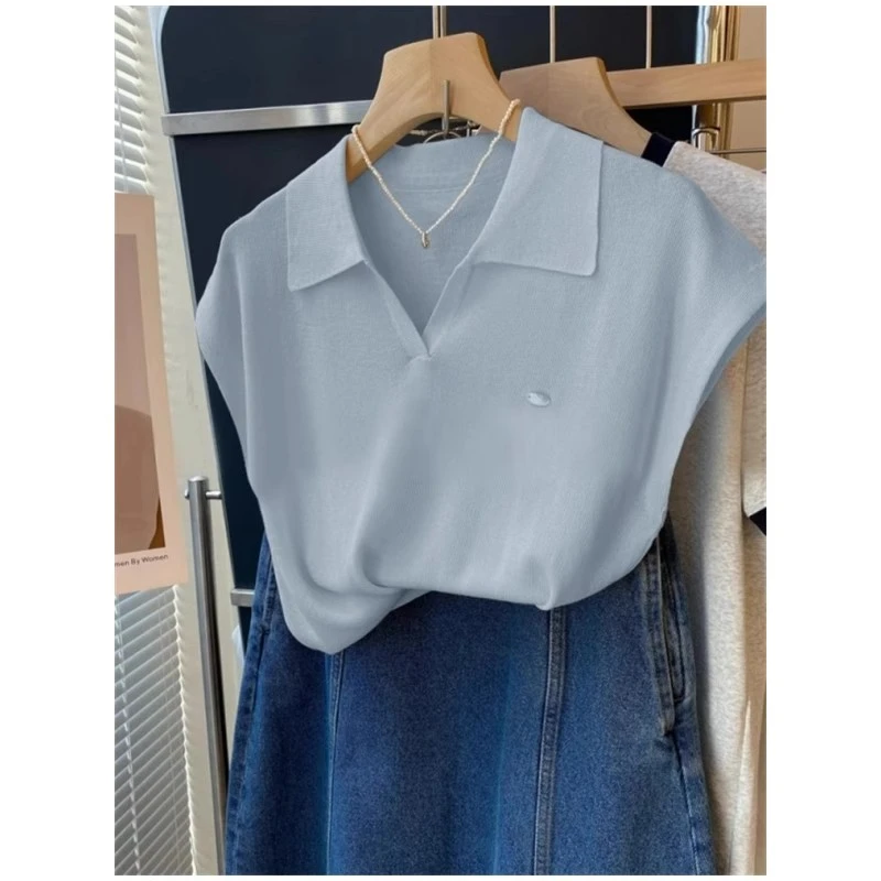 蓝色冰丝polo领小飞袖薄款上衣女夏季短款甜辣高级感针织短袖t恤