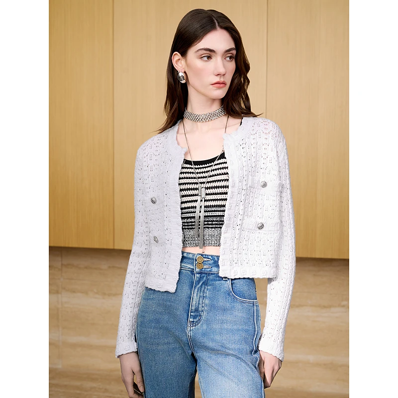 【陈嘉尔专属】恩曼琳25春季新款镂空提花小香风棉线针织开衫外套EA