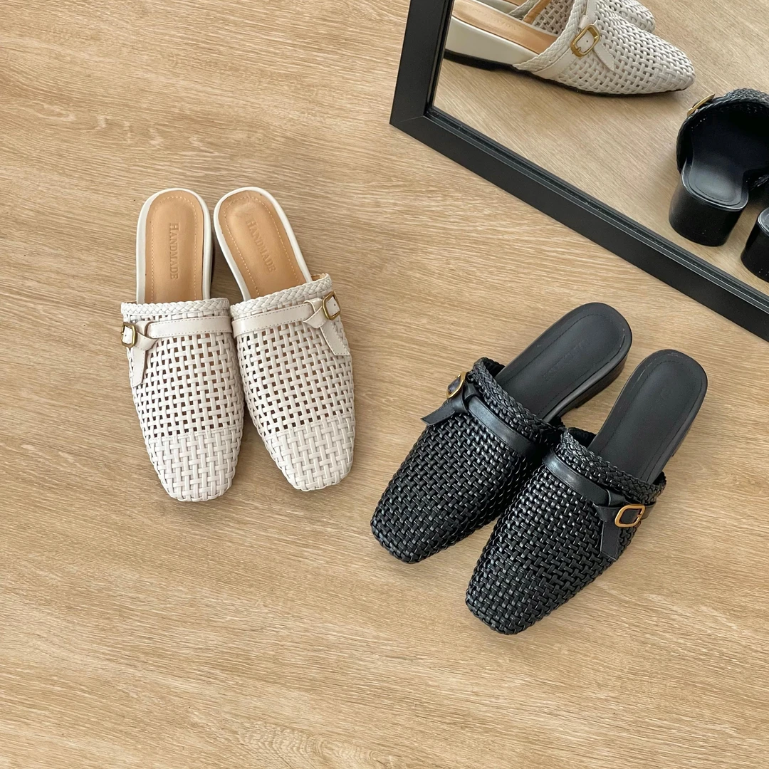 HUSSLOVE ·头层牛皮+编织·跟高4CM· 百搭包头镂空内增高穆勒拖女