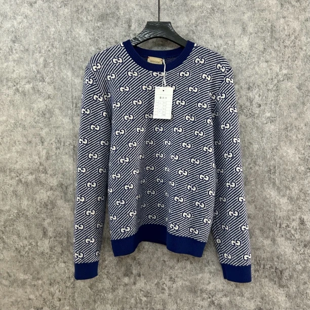 95新 GUCCI/古驰 古驰满印蓝色毛衣