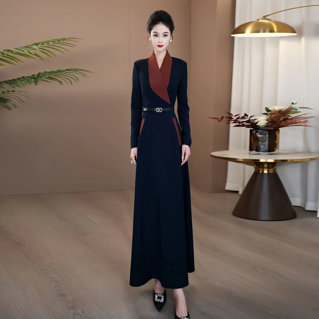 气质假两件连衣裙2025年早秋新款上新长袖拼接设计感过膝长裙176