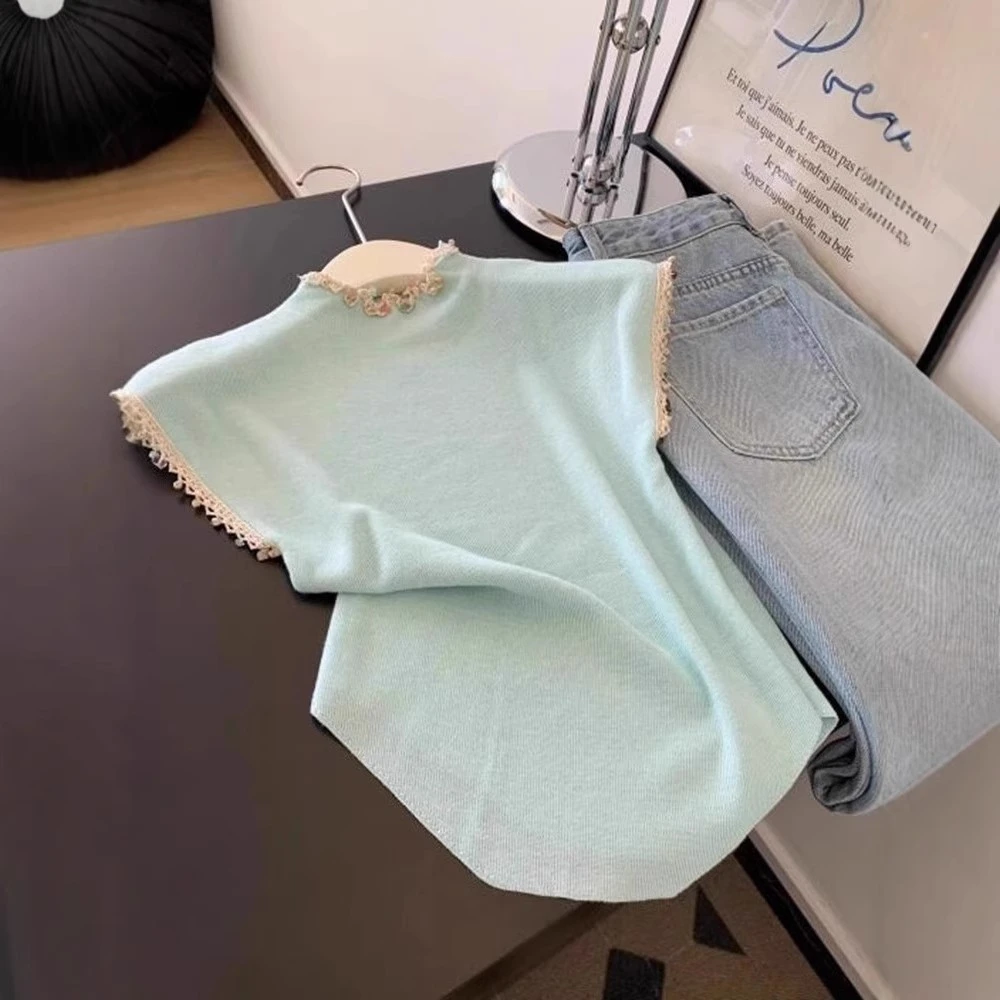 2025夏季新款多巴胺独特绝美上衣减龄时尚薄荷绿蕾丝花边针织T恤