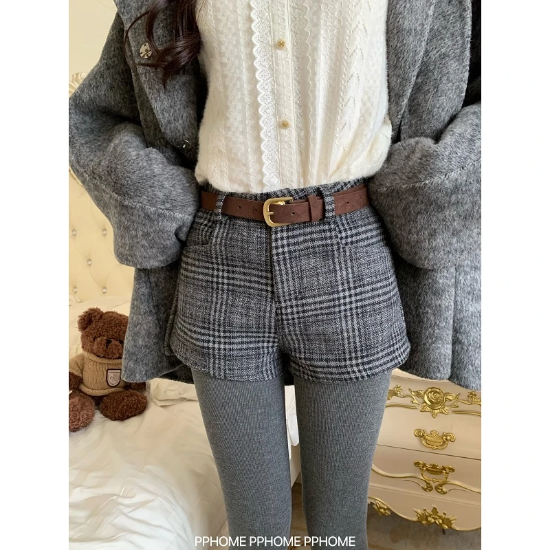 格子短裤 复古高腰修身毛呢短裤秋冬百搭骑士裤靴子裤