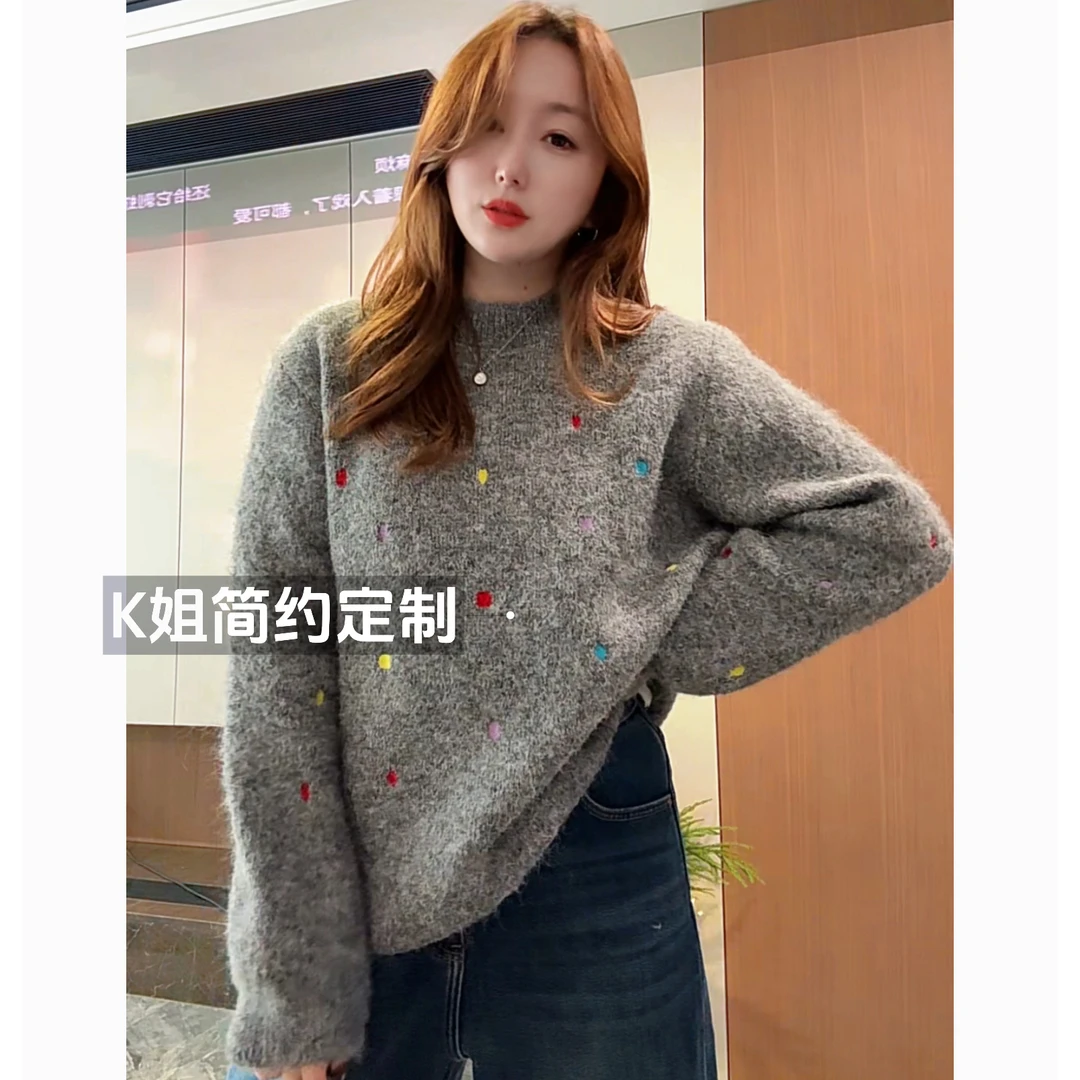 “KK定制”秋冬新款彩色波点复古圆领毛衣加厚宽松套头针织衫D2268