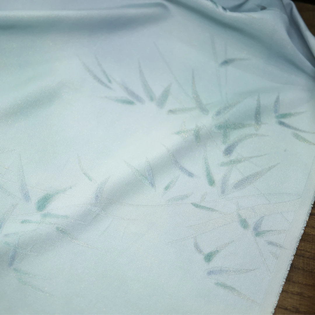 SH6804J手绘纹意匠蓝绿色手绘竹叶织金织彩桑蚕丝面料幅宽138