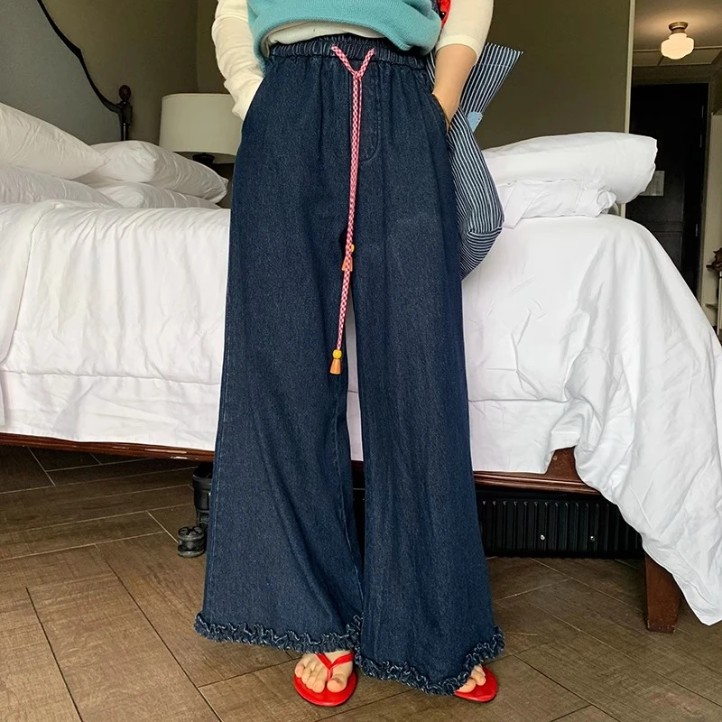 一三良品小个子 复古撞色荷叶边松紧腰宽松阔腿牛仔裤女T5171