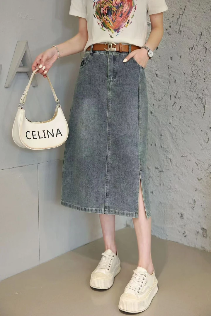 9898牛仔半身裙女夏2025新款高腰宽松开叉小个子休闲齐膝包臀裙
