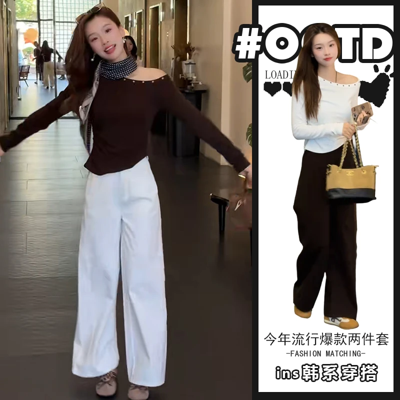 新款2025秋季纯欲风辣妹露肩长袖上衣高腰阔腿裤茶歇风气质套装潮