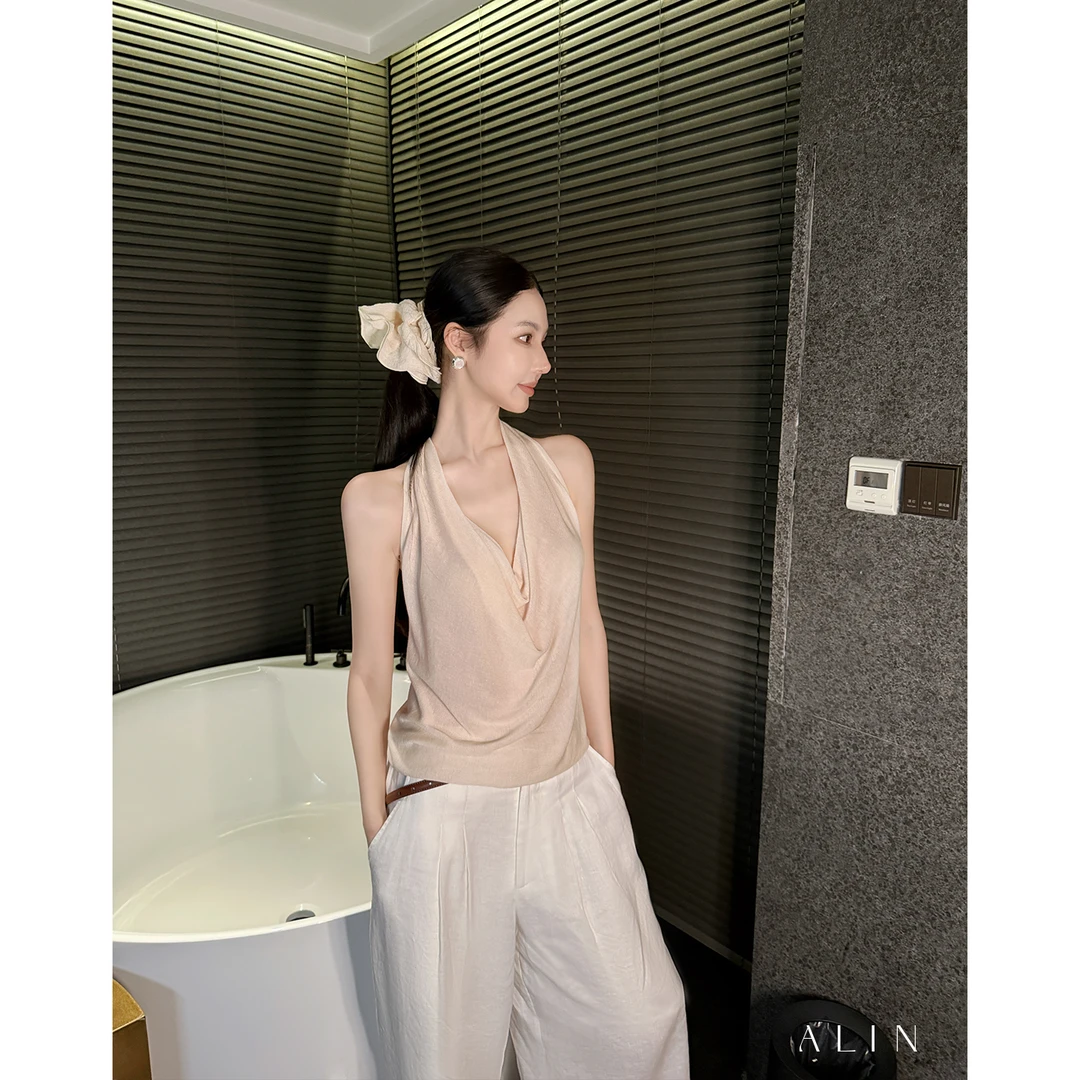 阿琳ALIN【星洛】夏季莱赛尔天丝荡领吊带背心外穿上衣女AL5FBT11