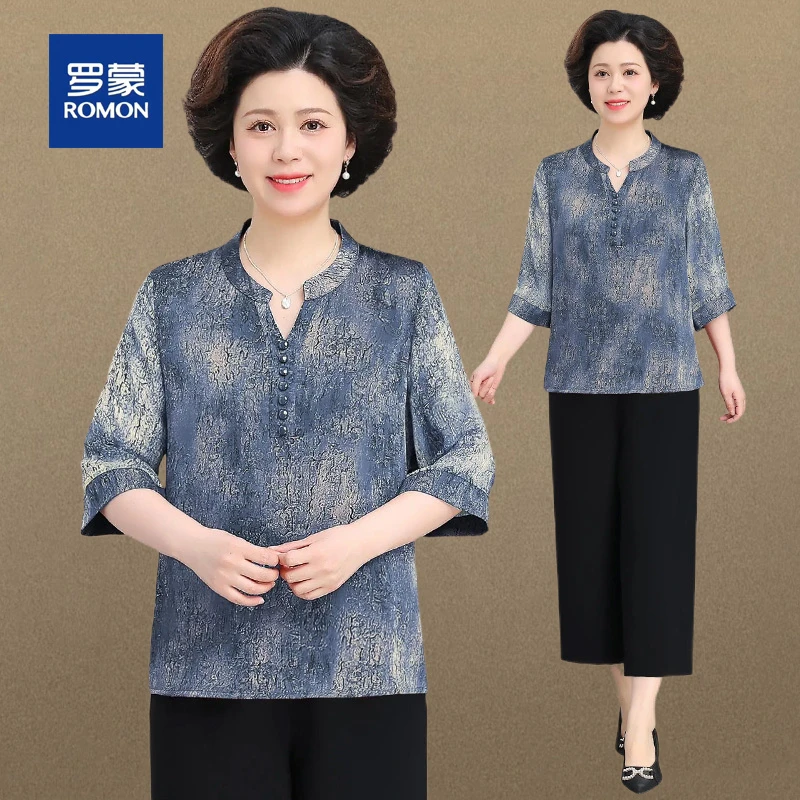 罗蒙中老年女装新中式国风雪纺上衣小衫套装气质妈妈夏装蕾丝衬衫