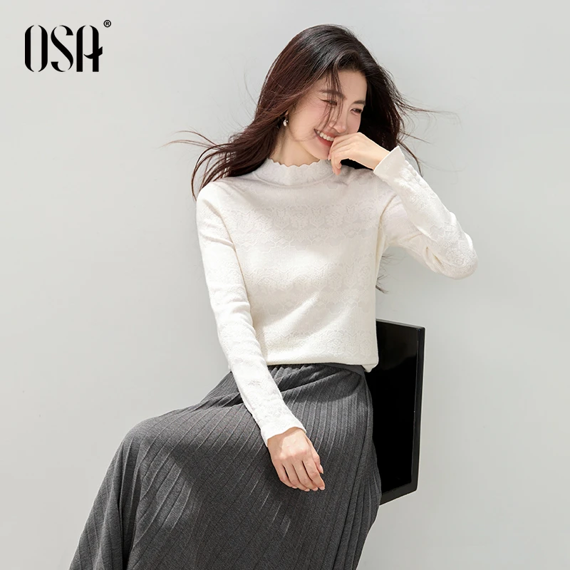 【OSA/欧莎】花边半高领针织衫女复古提花设计感打底毛衣S125D16003