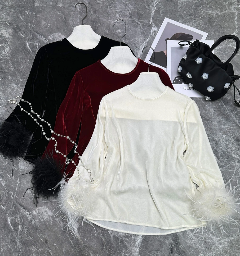 素千玺【绒魅珠羽】进口高密桑蚕丝丝绒上衣拼接驼鸟毛长袖衫Z113-1