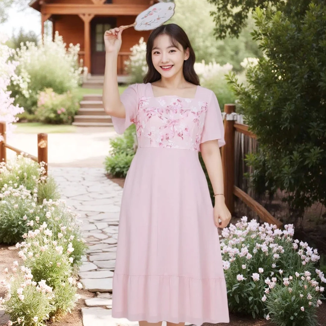 【轻奢系列】巨显白胖MM大码泰式仙女中长立体盘花连衣裙夏款女装