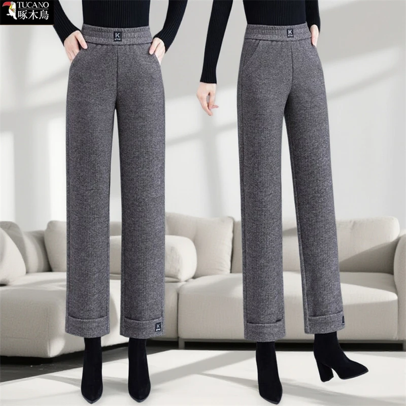啄木鸟正品女减龄小个子宽松显瘦九分裤2025年秋冬保暖拼接直筒裤