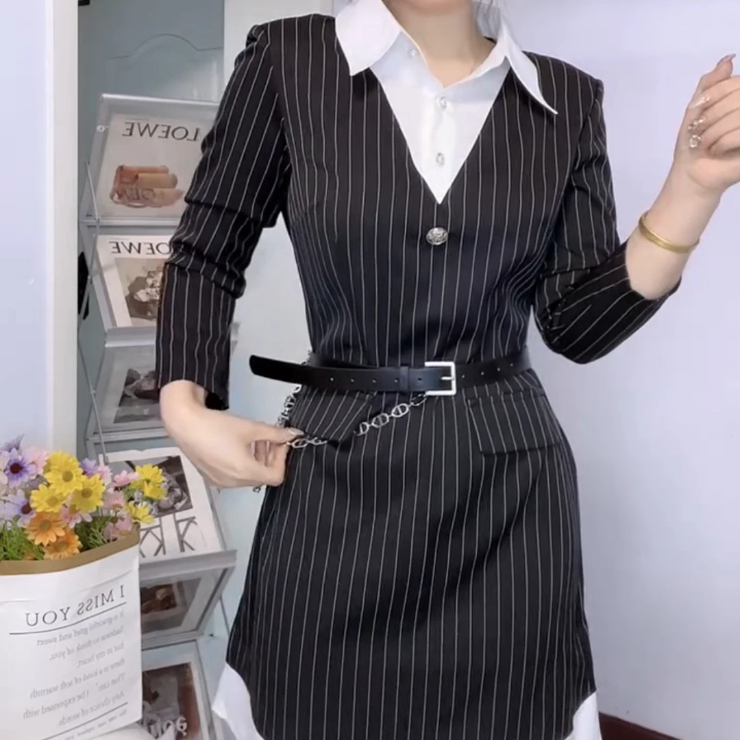 夏季老钱风收腰拼接假两件珍藏黑胶连衣裙