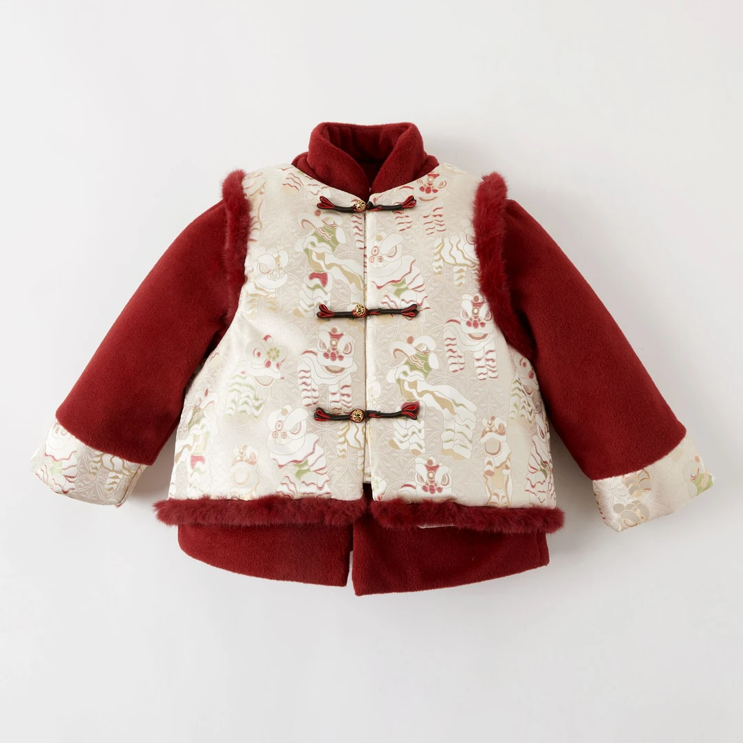 希朵【舞狮迎春】2024冬季儿童新中式中古风年装棉服套装MJD246640