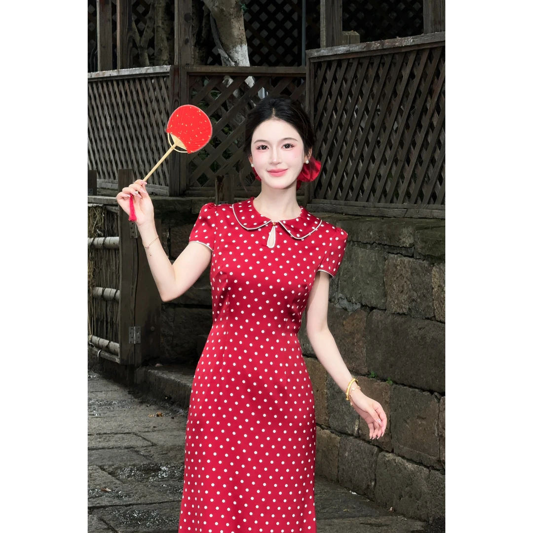 【半夏】LiLi复古红色显白少女风波点鱼尾裙小个子连衣裙XMZH6896