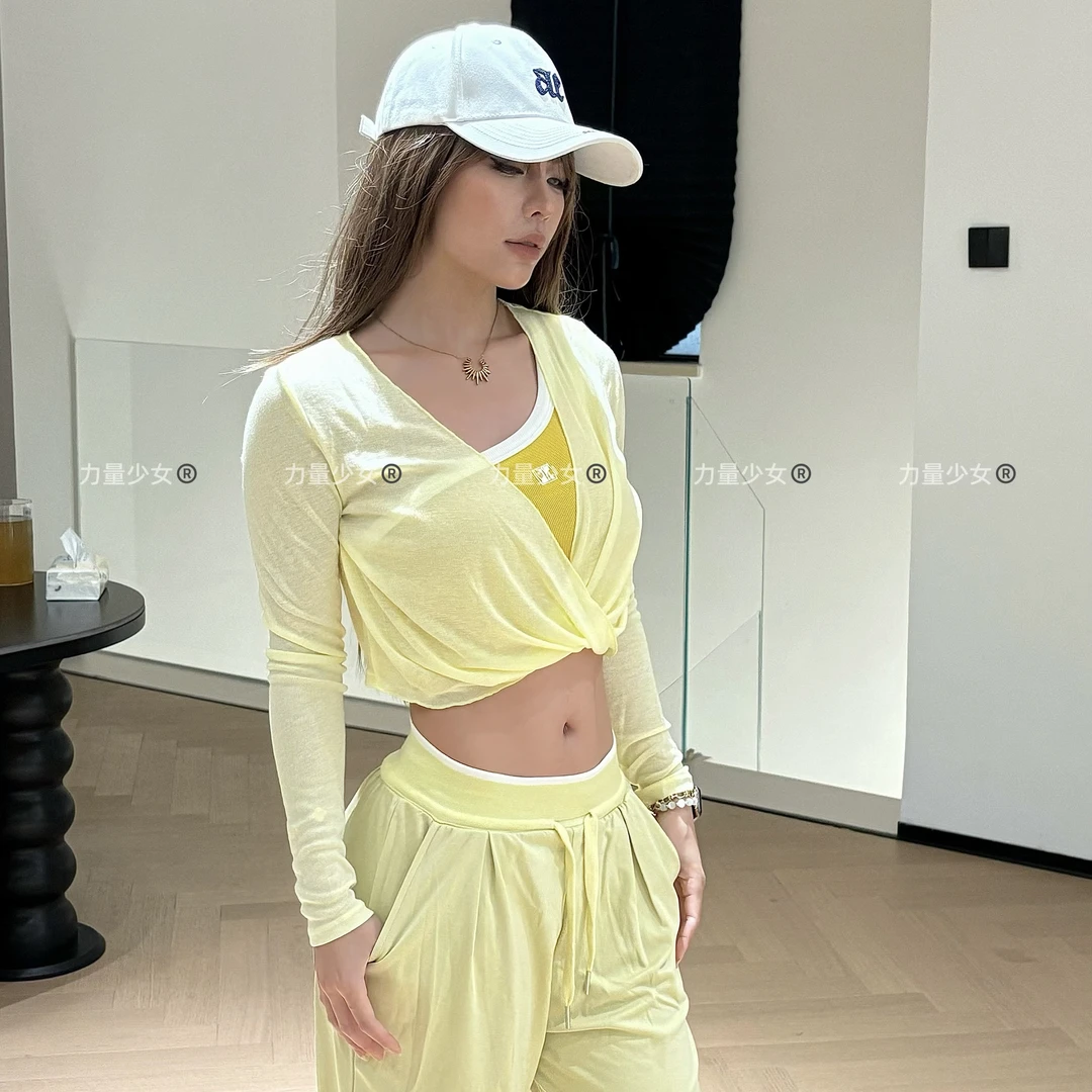 力量少女—新款V领软糯扭结披肩长袖防晒罩衫休闲瑜伽健身运动上衣