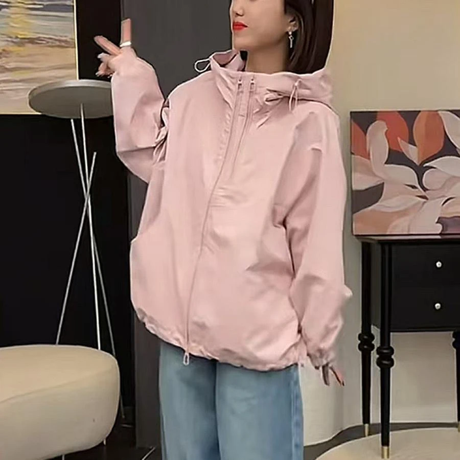 短款连帽冲锋衣外套女2025春季新款宽松百搭小个子双拉链纯色上衣