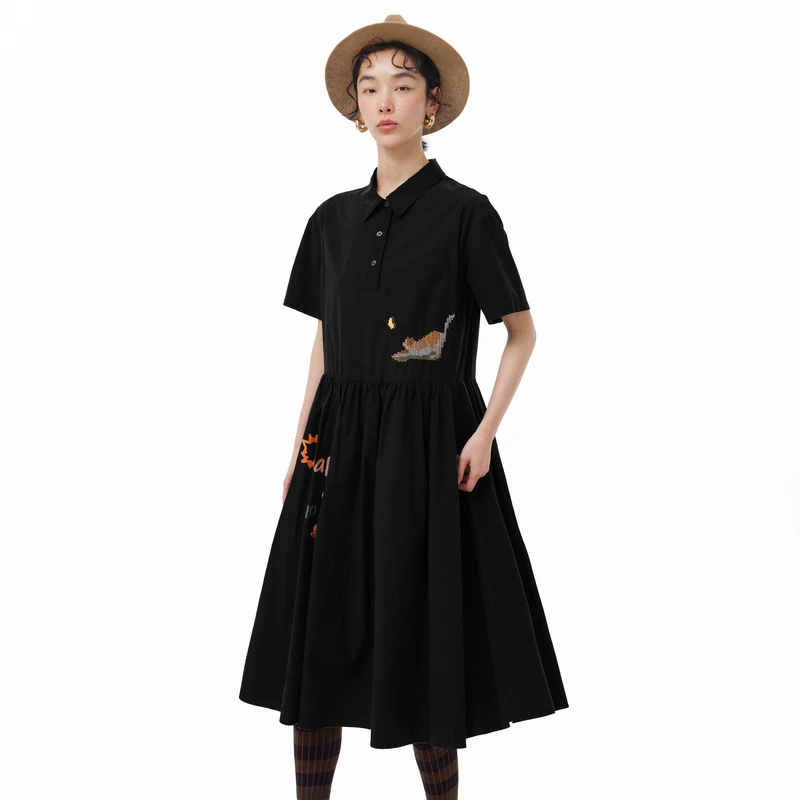 MOVEUP幻走2025夏季新款.FUN 翻领趣味绣花梭织连衣裙325221381