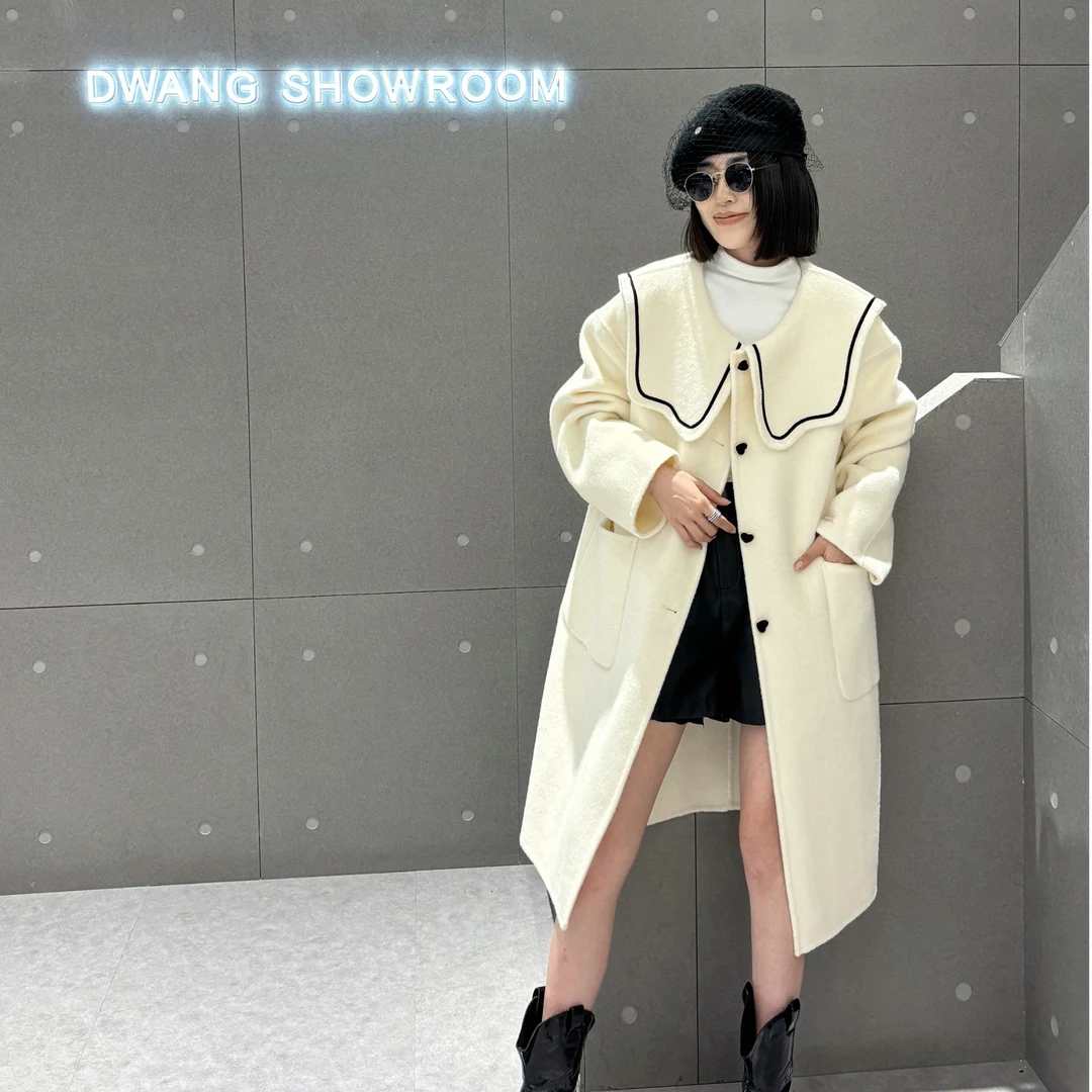 海军领双面羊绒宽松中长款赫本风胖MM遮肉显瘦毛呢外套