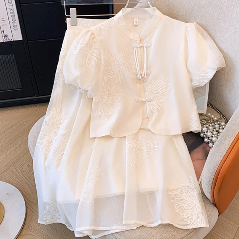 大码女装新中式国风改良旗袍夏季女装高级感短款上衣半身裙套装女