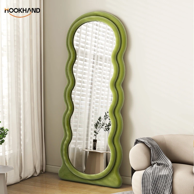 网红款穿衣镜奶油ins风镜子波浪形全身镜卧室客厅家用落地式衣镜