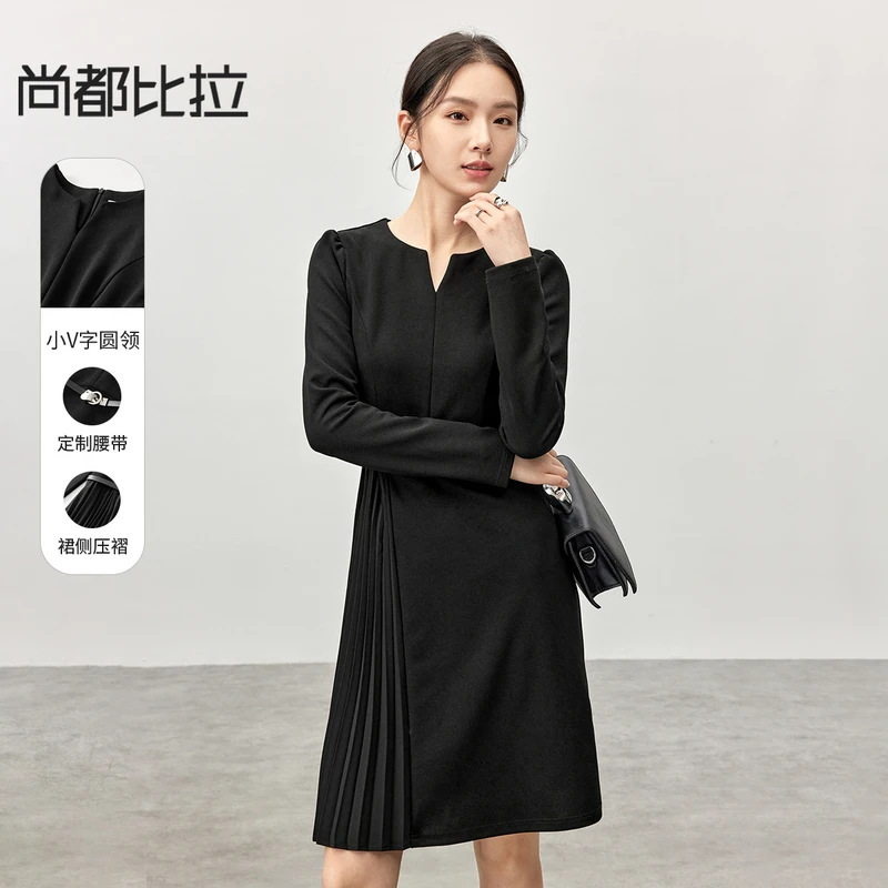 优雅通勤小V字圆领正肩裙侧压褶分割配腰带显瘦弹力连衣裙