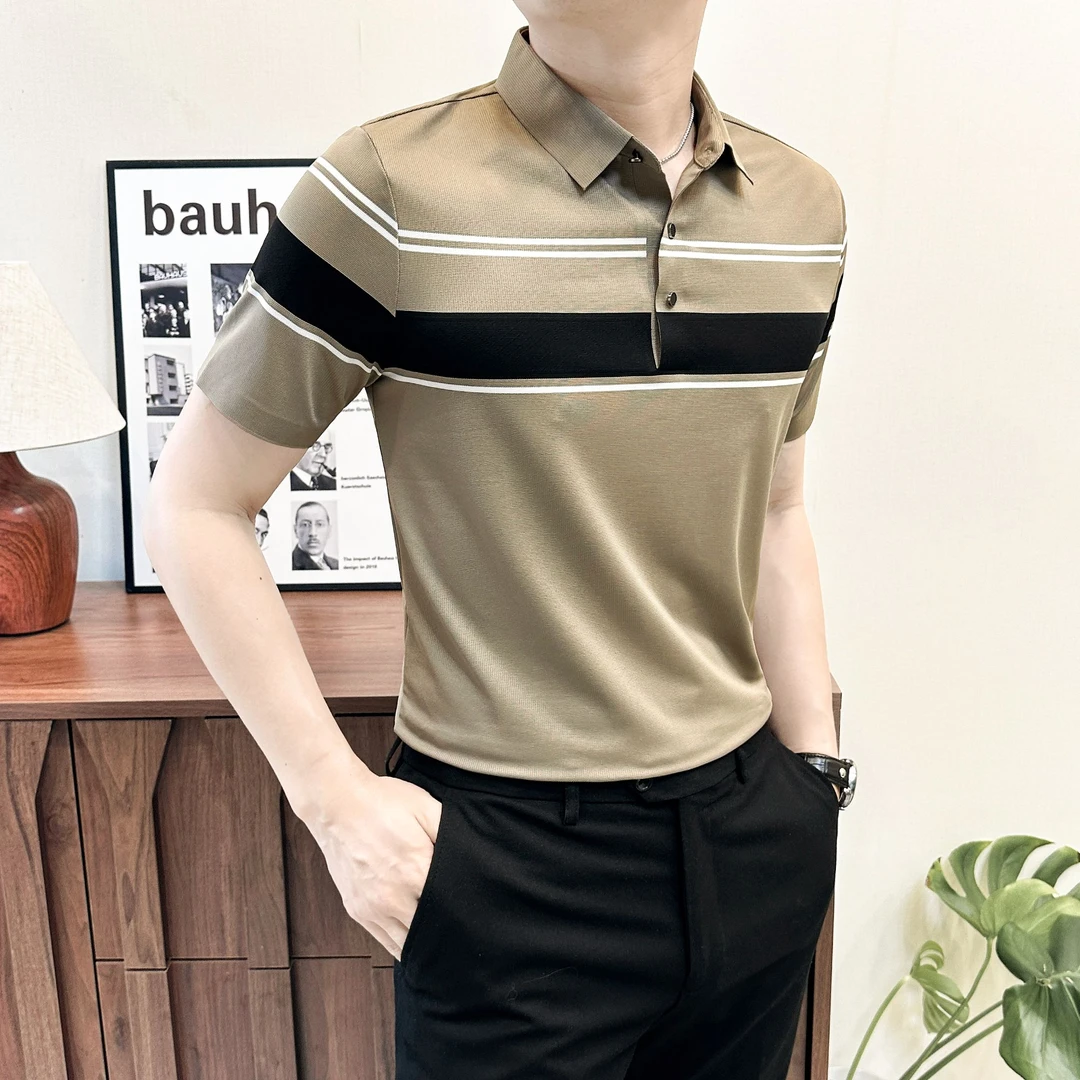 欧美简约polo衫男款爆款2025新款夏季高级感撞色条纹男士t恤短袖