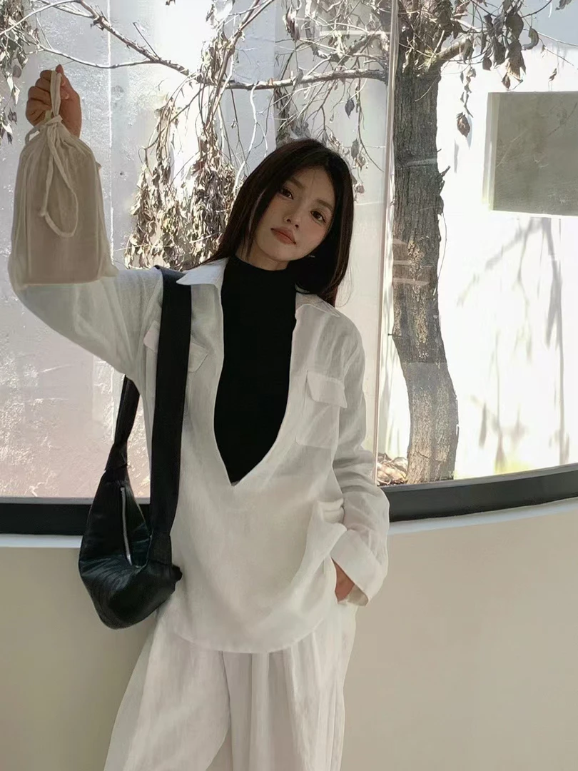 「HMM」设计师款老钱风亚麻深V衬衫外套