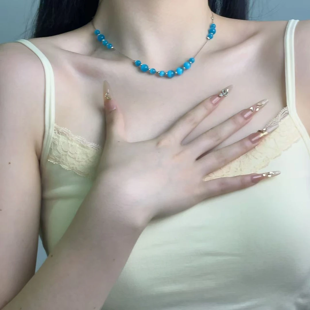 非金属仿水晶项链 2406蓝色圆珠猫眼石项链设计高级感简约锁骨链