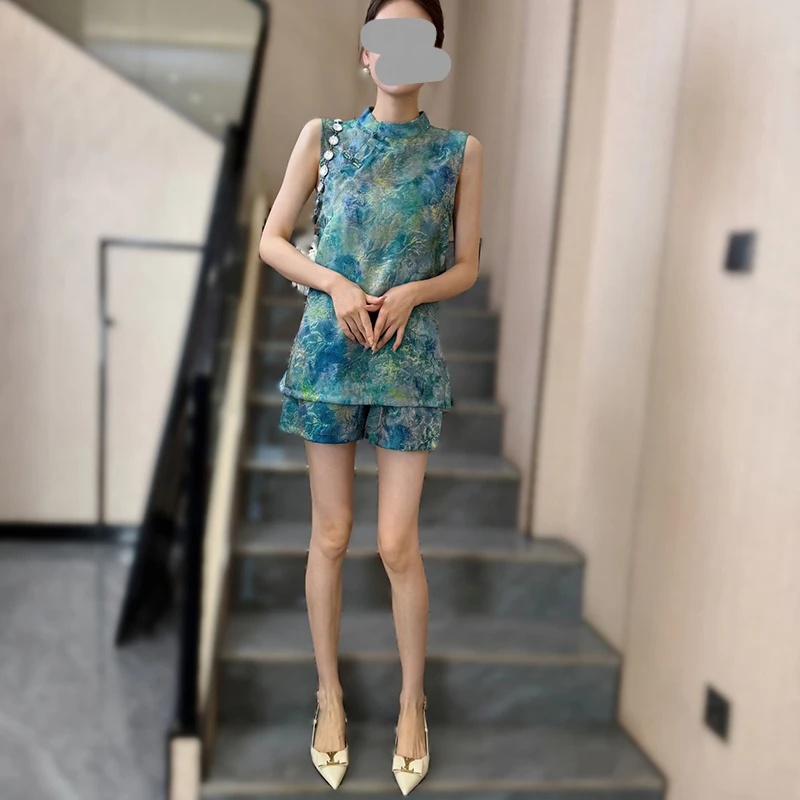 新中式国风套装2025夏季新款蓝色立领盘扣印花衬衫短裤高级感穿搭