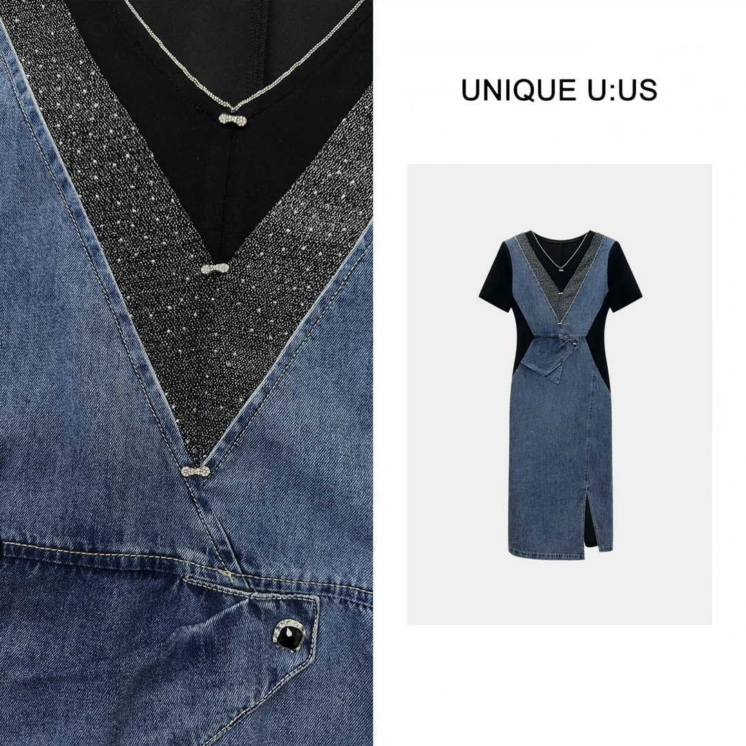 UNIQUE U:US【碧海蓝心】拼色牛仔收腰气质显瘦女装连衣裙-250520