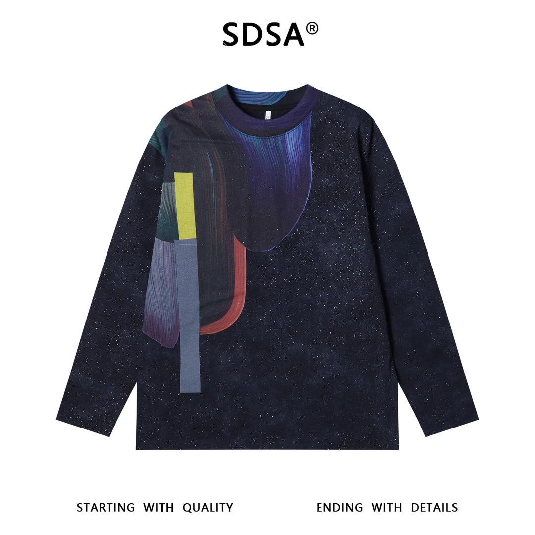 SDSA男士秋冬新款痞帅男装满天星领口印花设计圆领长袖T恤时尚潮