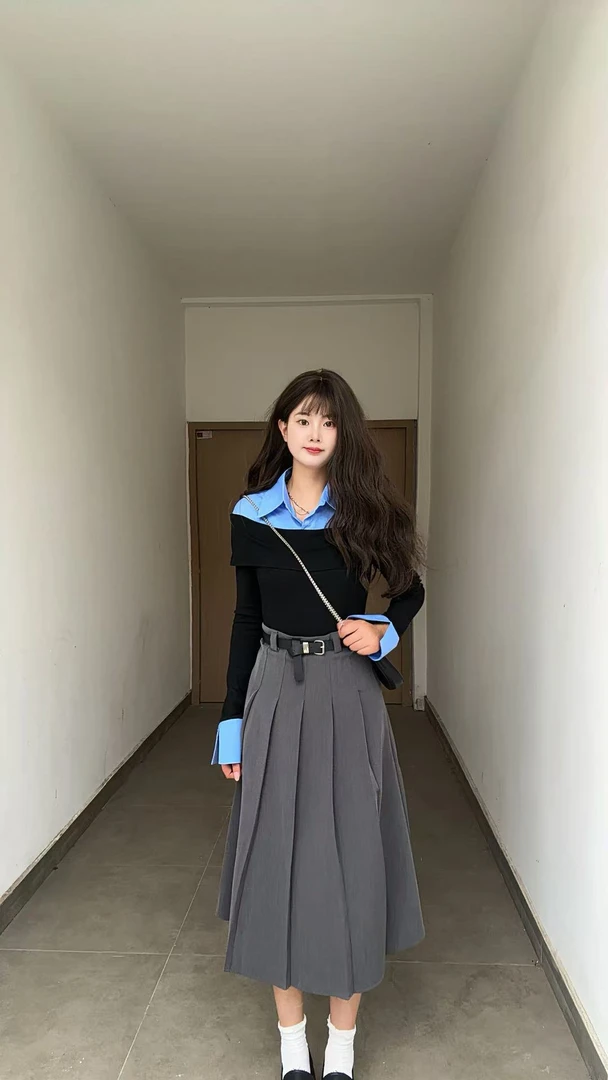 法式气质撞色polo领假两件衬衫早秋设计感袖口修身显瘦长裙套装