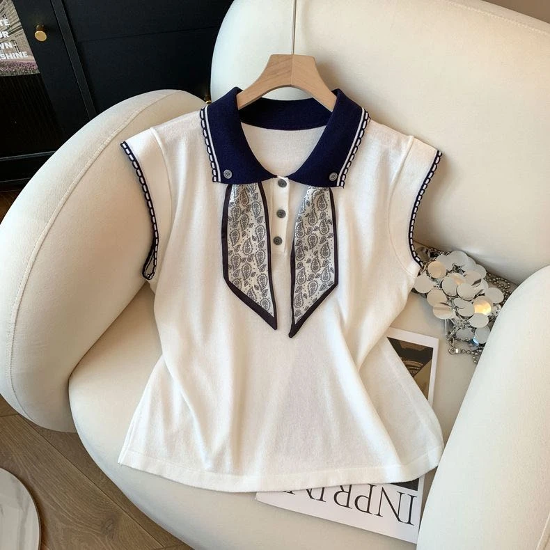 2025年夏季高级法式印花丝巾系冰丝显瘦气质上衣A46