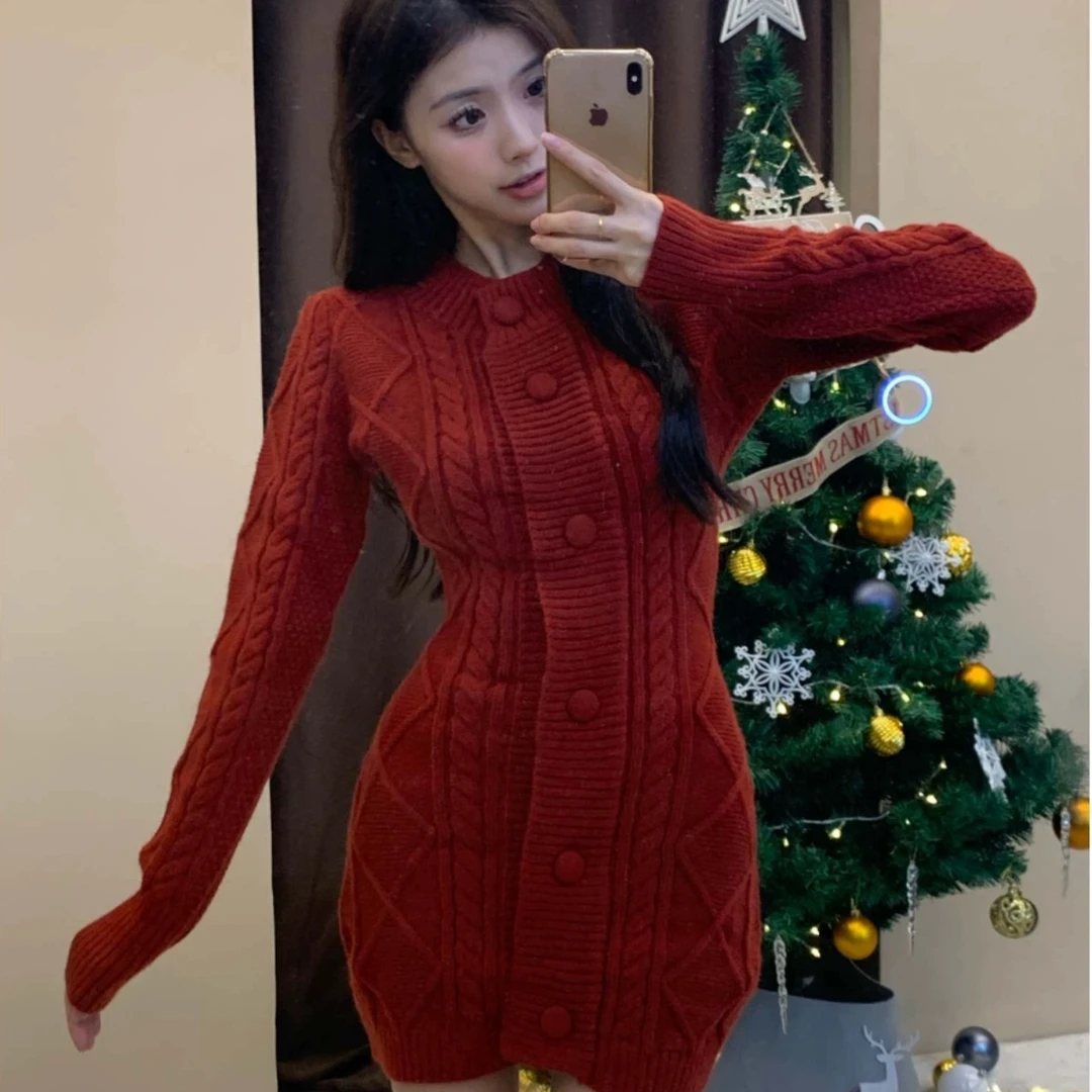 圣诞2025新款包臀提花短裙韩国巨好看的红色针织毛衣连衣裙女秋冬