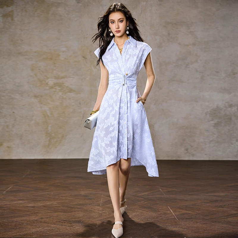 AUI蓝色职业设计感提花衬衫连衣裙收腰小众Polo裙MM-25W019509