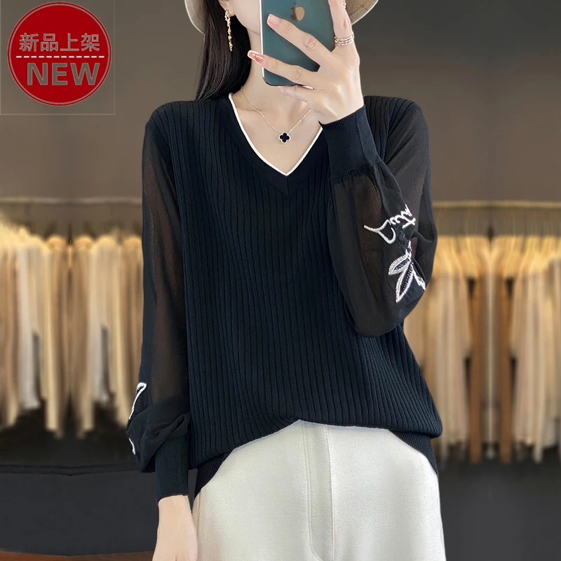 2025新款V领时尚薄款春秋针织衫大码纱袖绣花显瘦百搭洋气套头女