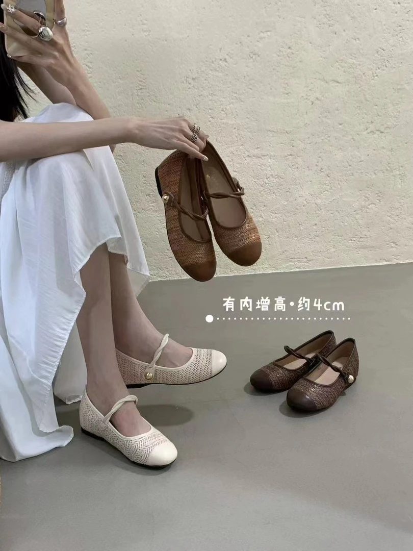 韩系简约高级森系复古编织内增高透气玛丽珍鞋圆头拼色软底通勤鞋