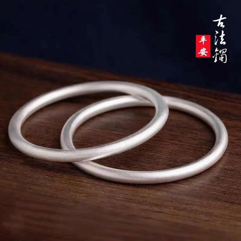 中国风哑光古法传承手镯女简约磨砂或光面素圈实心闭口送妈妈礼物
