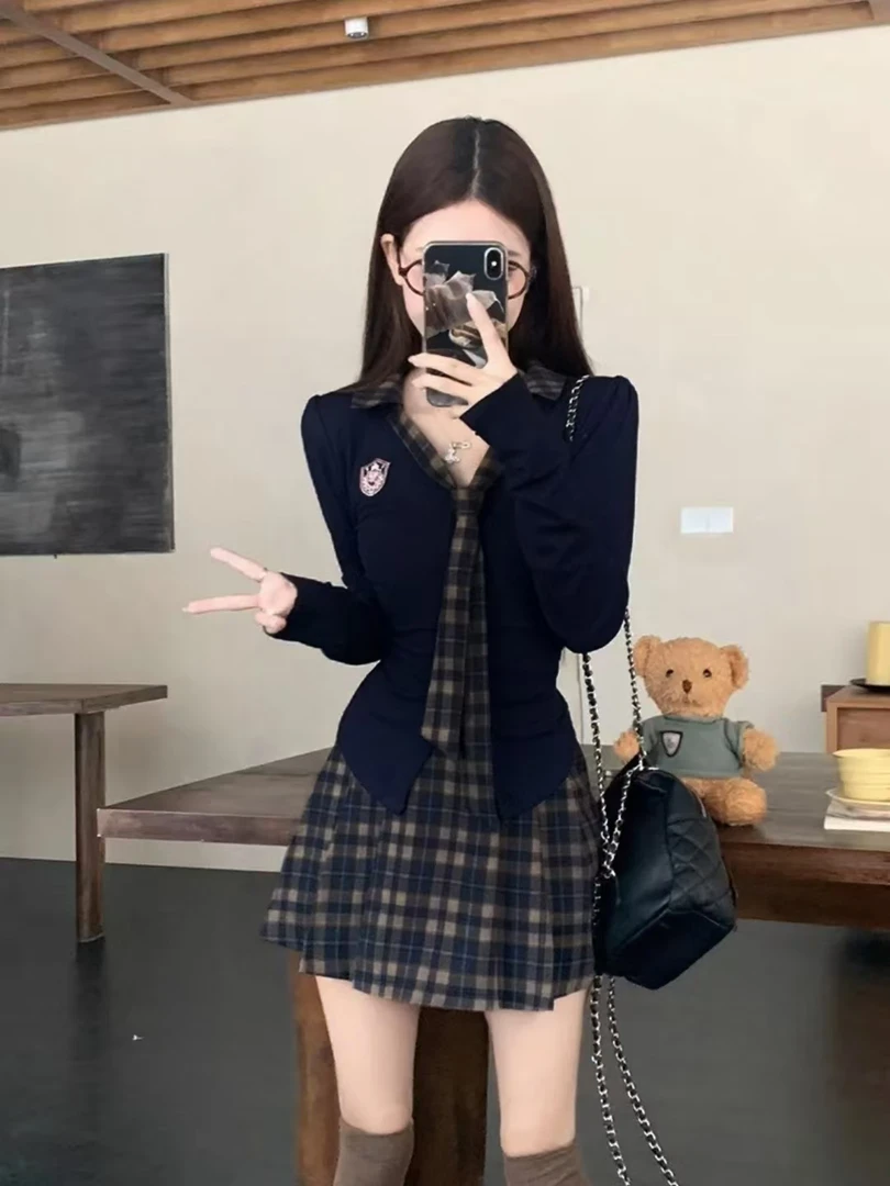 （80-200斤）氛围感春季穿搭新款时尚修身上衣格纹半裙减龄套装3009