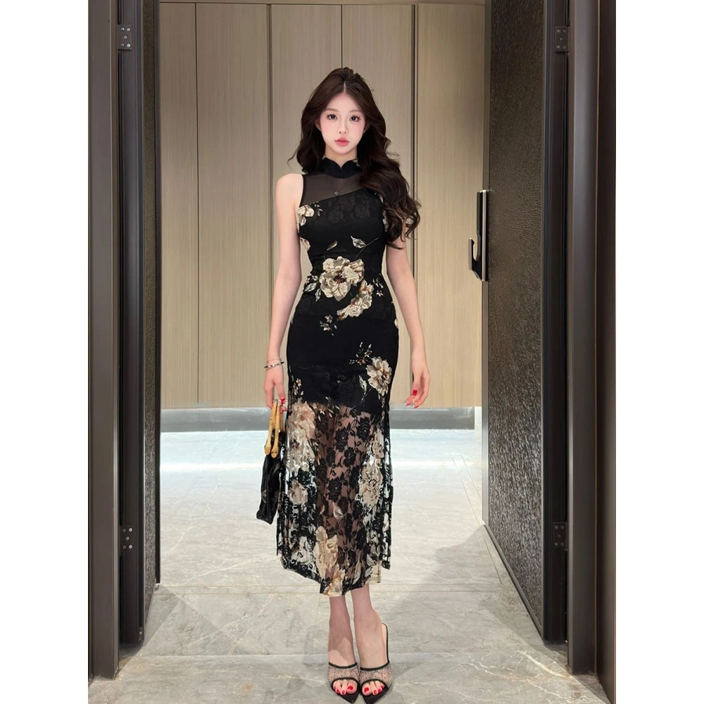 M016新中式国风改良连衣裙女夏季高级性感修身显瘦御姐旗袍裙