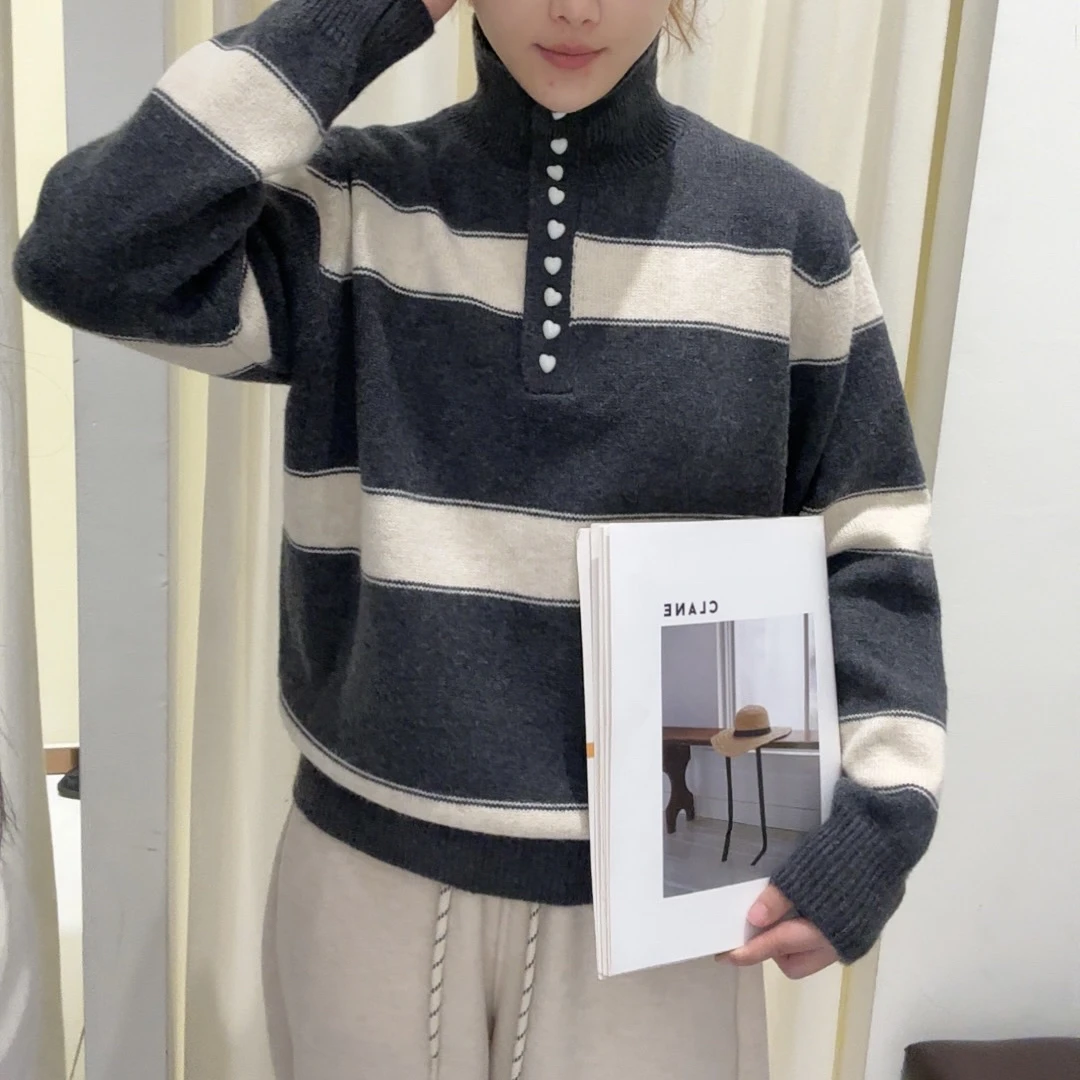 CINYIGE拉链设计横条套头冬季条纹毛衣加厚秋冬简约设计