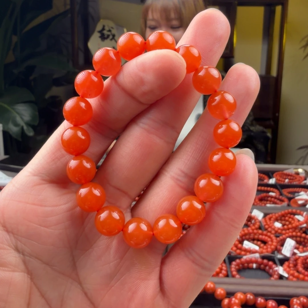 南红玛瑙未镶嵌手链9mm+樱桃红圆珠单圈