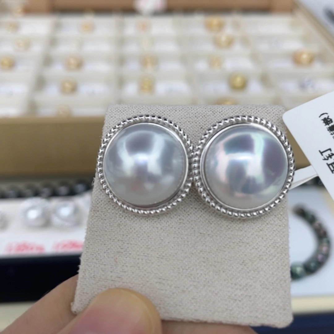 耳饰海水珍珠银S925镶嵌澳白14-15