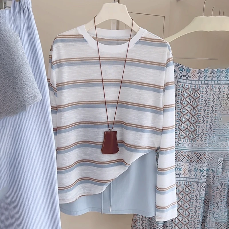 圆领条纹长袖t恤女2025秋季宽松显瘦时尚减龄高级感正肩薄款上衣