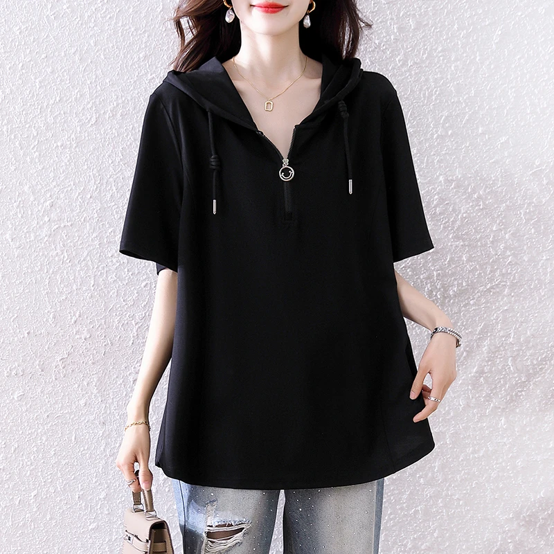 休闲连帽黑色短袖T恤女2025年春夏新款显瘦宽松小衫欧货大码上衣