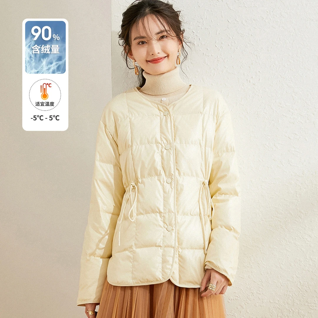 白鹿语冬款休闲圆领抽绳短款羽绒外套鸭绒羽绒服女WBX21624